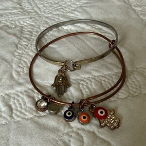 Stacked Hamsa & Evil Eye Charm Bangle Bracelets - Copper & Silver Tones